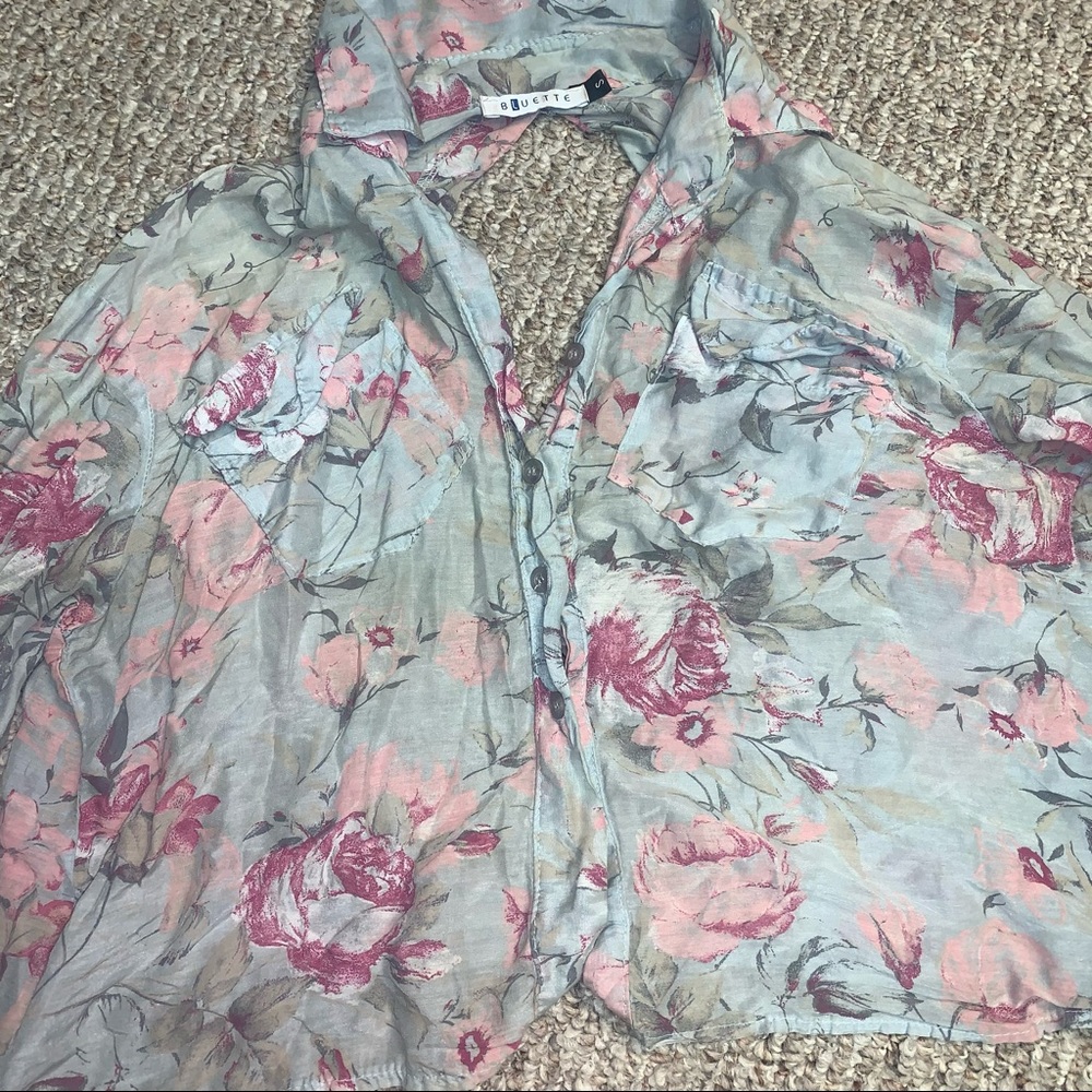 Blue floral open back blouse